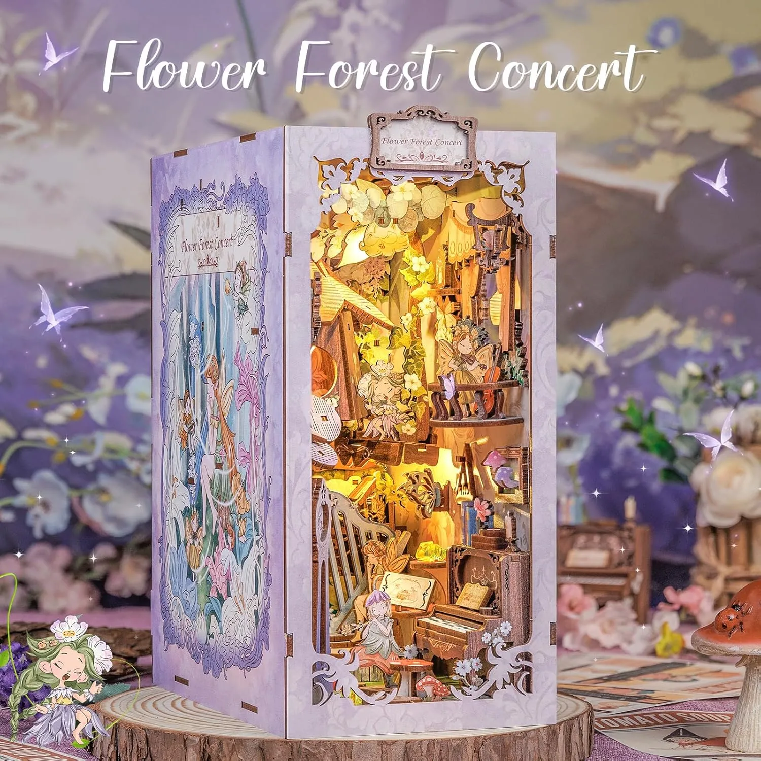 Cutefun Book Nook Kit - Dollhouse Book Nook Miniature House Kit for Bookshelf Insert Decor Crafts for Adults, 3D Wooden Puzzle Bookends, Gifts for Family and Friends (Flower Forest Concert)