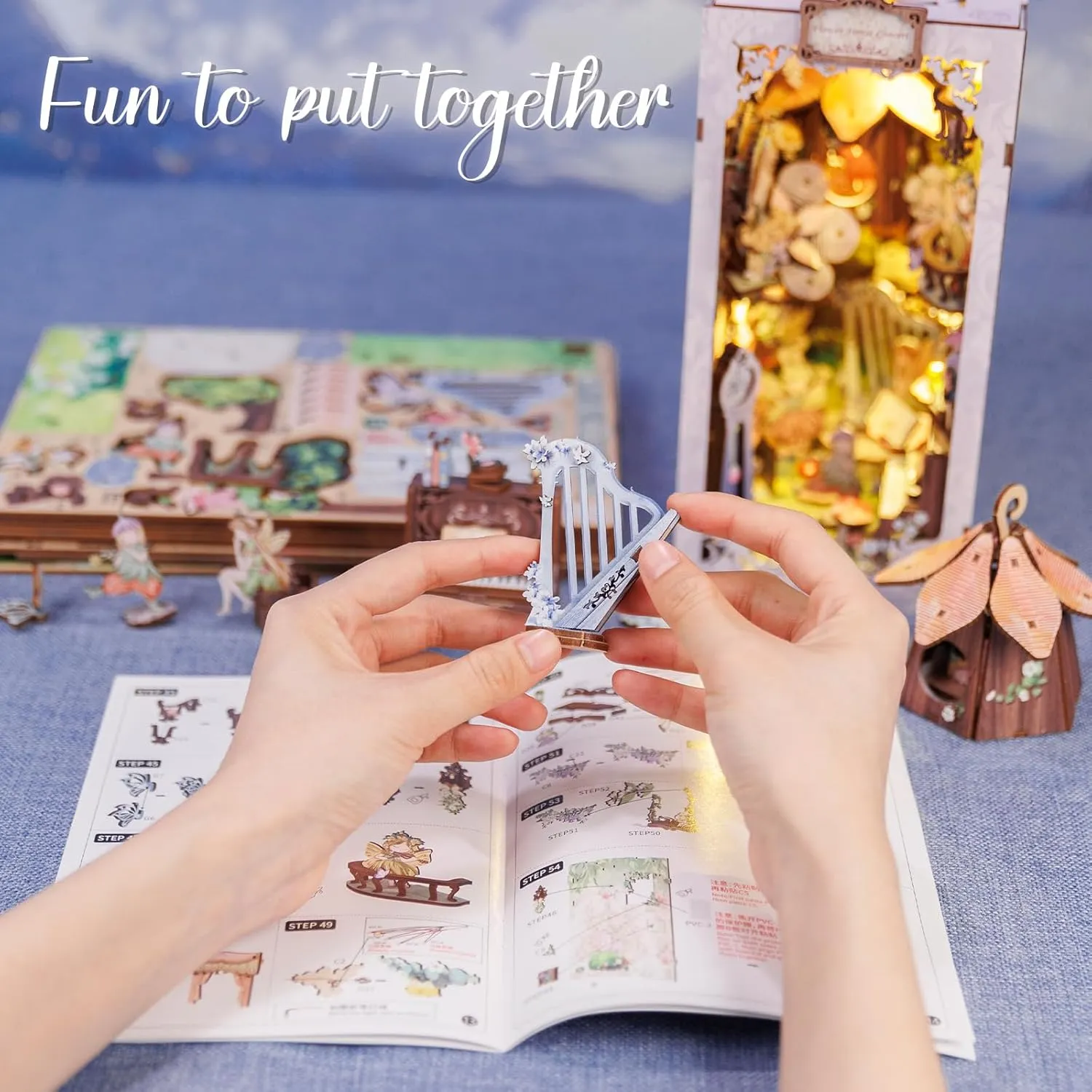 Cutefun Book Nook Kit - Dollhouse Book Nook Miniature House Kit for Bookshelf Insert Decor Crafts for Adults, 3D Wooden Puzzle Bookends, Gifts for Family and Friends (Flower Forest Concert)