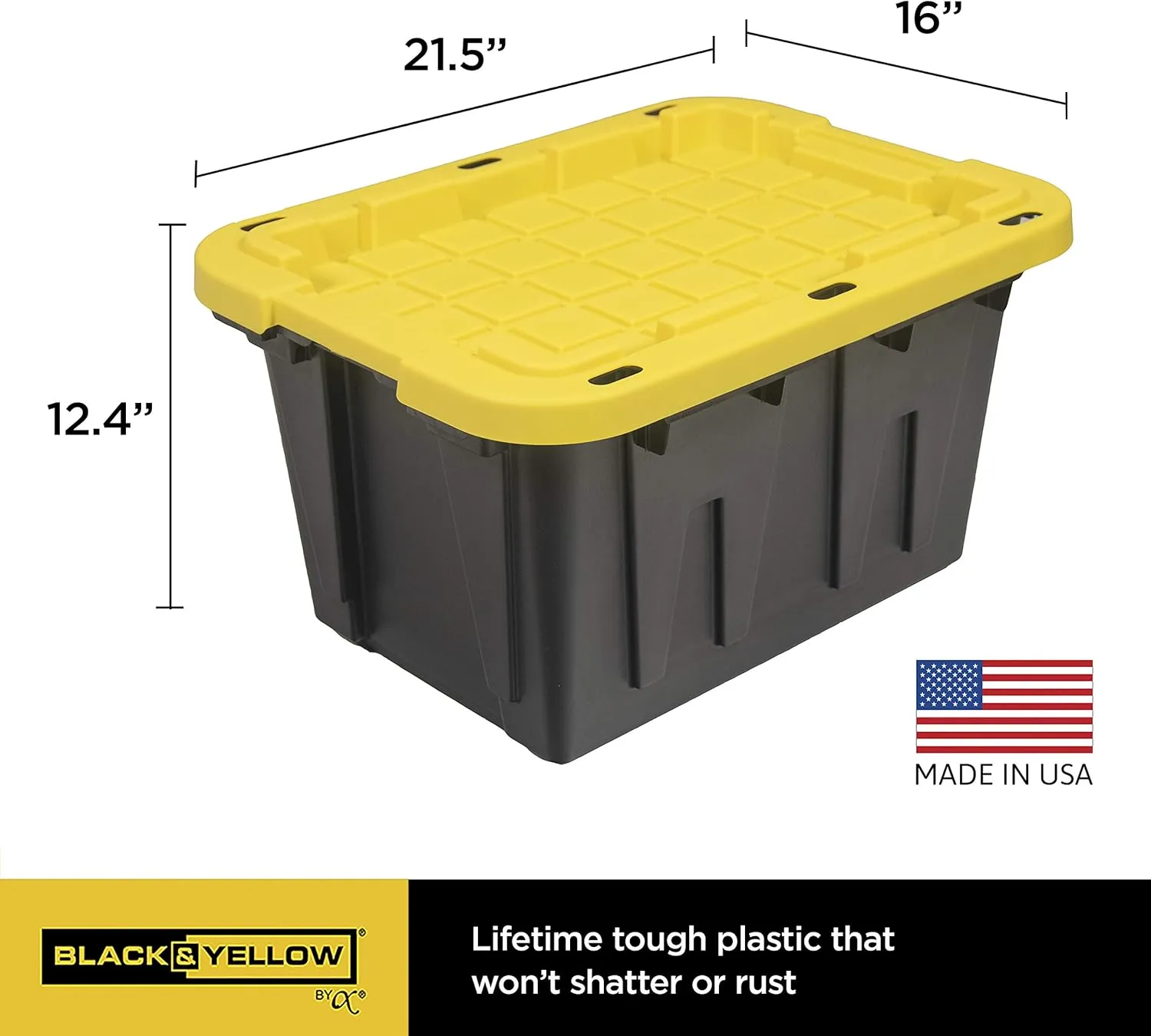 CX BLACK & YELLOW, 12-Gallon Heavy Duty Tough Storage Container & Snap-Tight Lid, (12.51"H x 16.3"W x 21.8"D), Weather-Resistant Design and Stackable Organization Tote [6 Pack]