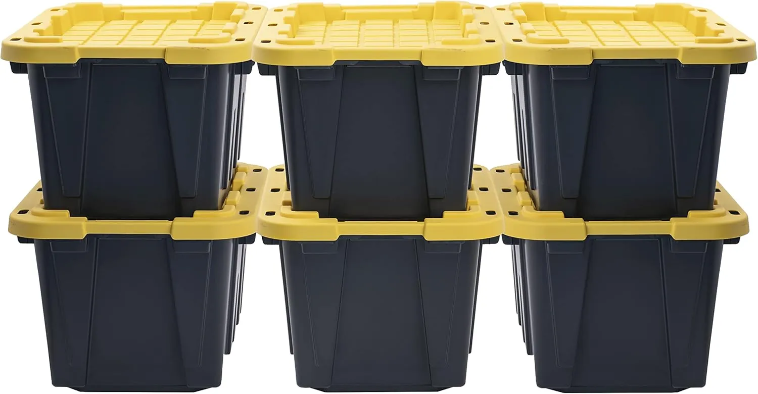 CX BLACK & YELLOW, 12-Gallon Heavy Duty Tough Storage Container & Snap-Tight Lid, (12.51"H x 16.3"W x 21.8"D), Weather-Resistant Design and Stackable Organization Tote [6 Pack]