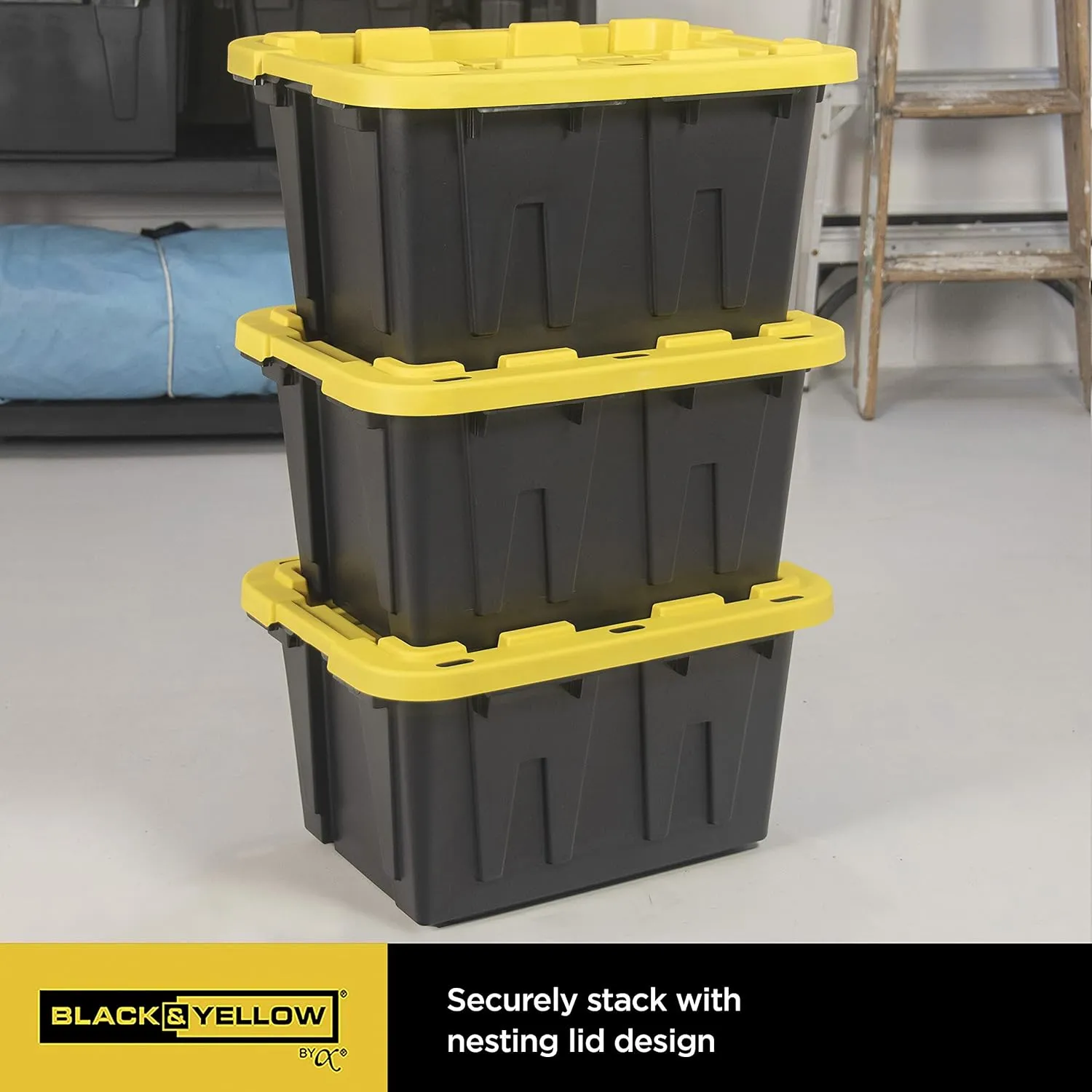 CX BLACK & YELLOW, 12-Gallon Heavy Duty Tough Storage Container & Snap-Tight Lid, (12.51"H x 16.3"W x 21.8"D), Weather-Resistant Design and Stackable Organization Tote [6 Pack]