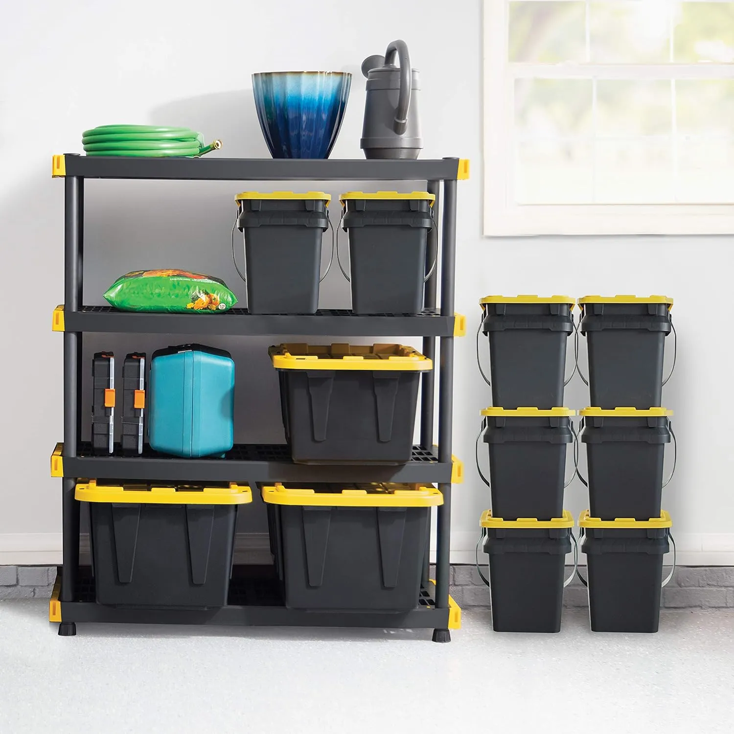 CX BLACK & YELLOW, 12-Gallon Heavy Duty Tough Storage Container & Snap-Tight Lid, (12.51"H x 16.3"W x 21.8"D), Weather-Resistant Design and Stackable Organization Tote [6 Pack]