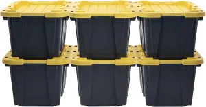 CX BLACK & YELLOW, 12-Gallon Heavy Duty Tough Storage Container & Snap-Tight Lid, (12.51"H x 16.3"W x 21.8"D), Weather-Resistant Design and Stackable Organization Tote [6 Pack]