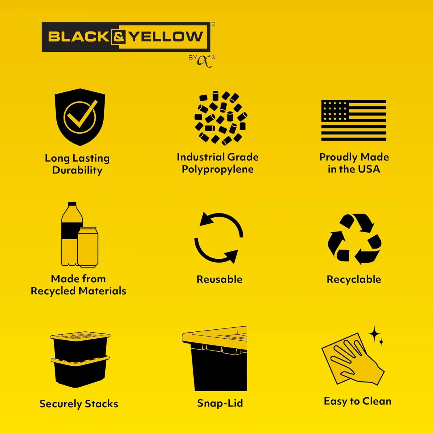 CX BLACK & YELLOW, 12-Gallon Heavy Duty Tough Storage Container & Snap-Tight Lid, (12.51"H x 16.3"W x 21.8"D), Weather-Resistant Design and Stackable Organization Tote [6 Pack]