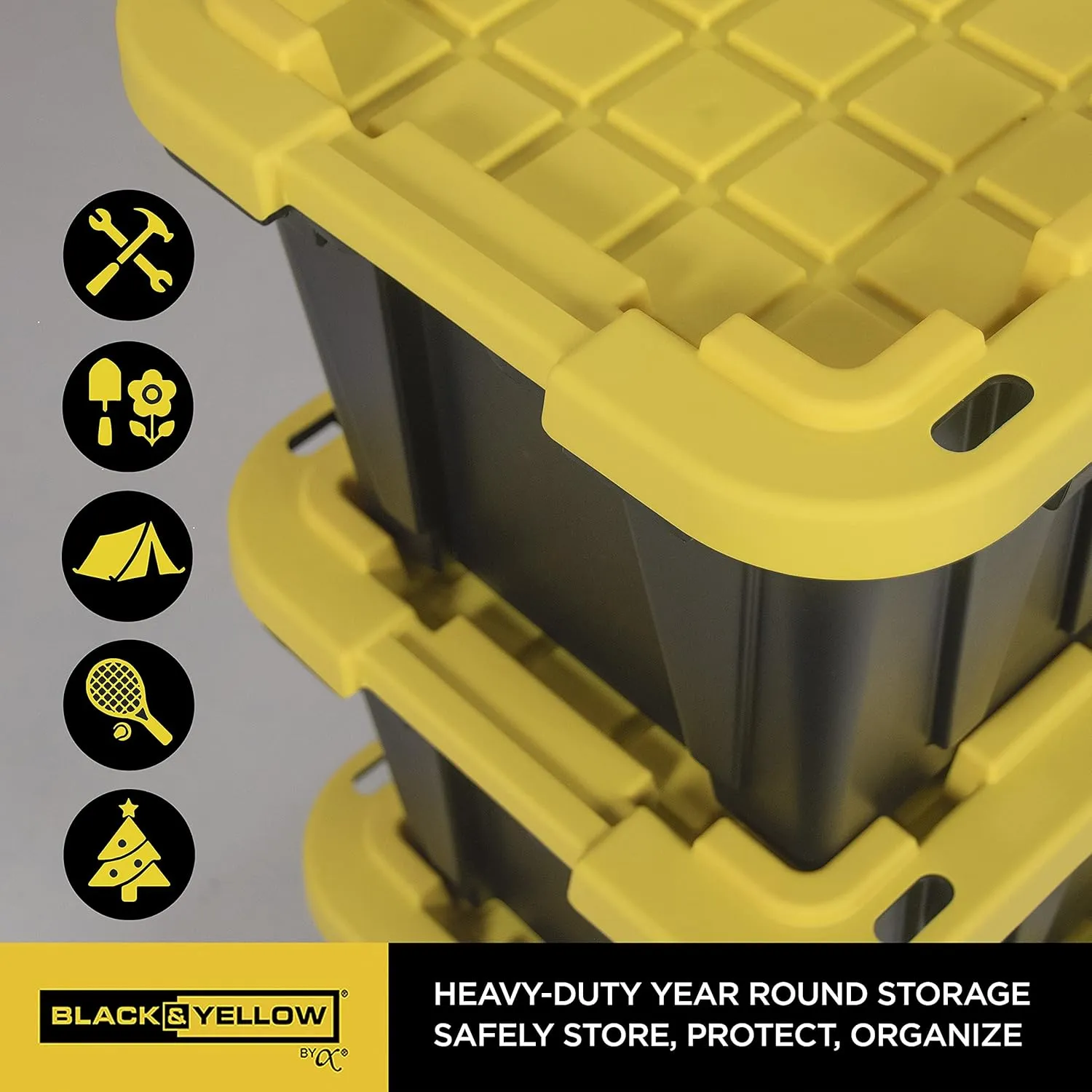 CX BLACK & YELLOW, 12-Gallon Heavy Duty Tough Storage Container & Snap-Tight Lid, (12.51"H x 16.3"W x 21.8"D), Weather-Resistant Design and Stackable Organization Tote [6 Pack]