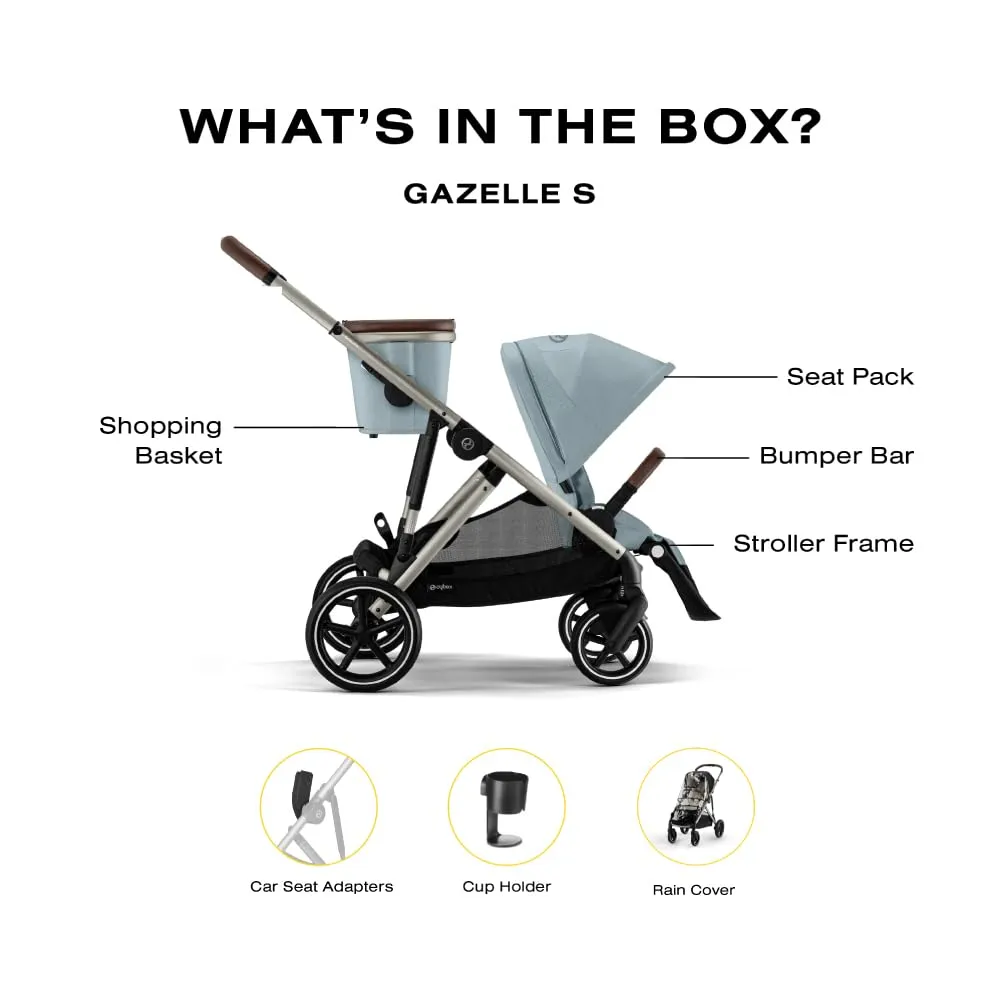 Cybex Gazelle S All-in-One Toddler and Baby Stroller with Over 20 Modular Configurations, Ergonomic Near-Flat Recline, Shopper Basket, and Compact Fold, Sky Blue