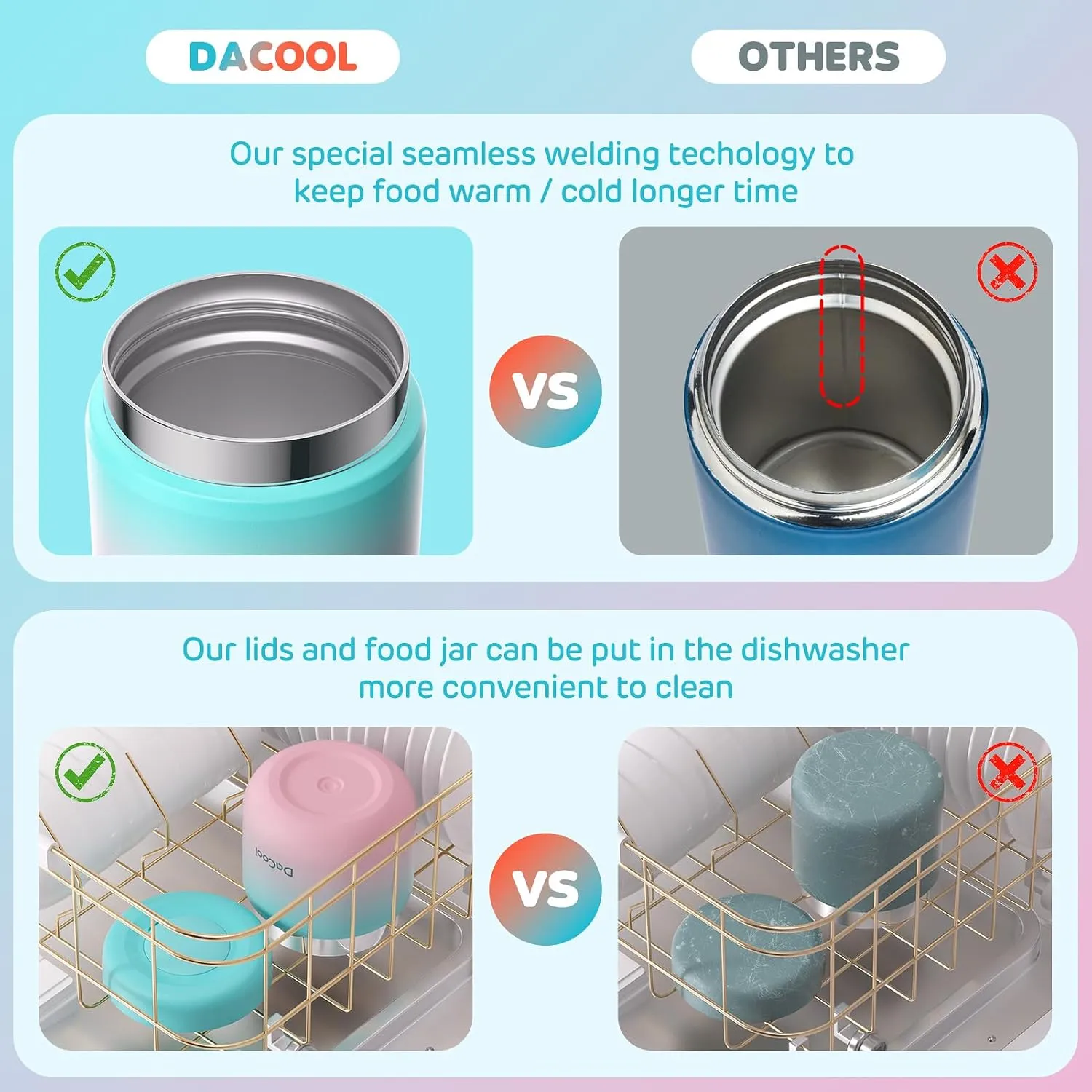 DaCool 2 Pack Kids Thermo for Hot Food Vacuum Stainless Steel Insulated Food Jar 13.5 OZ Kids Lunch Food Thermo Insulated Lunch Container for School Office Picnic Travel Outdoors,Cotton Candy,Black