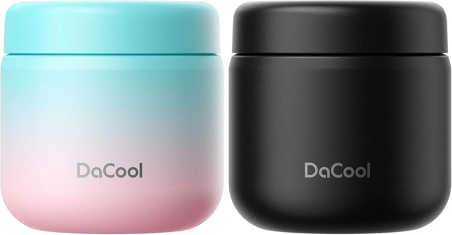DaCool 2 Pack Kids Thermo for Hot Food Vacuum Stainless Steel Insulated Food Jar 13.5 OZ Kids Lunch Food Thermo Insulated Lunch Container for School Office Picnic Travel Outdoors,Cotton Candy,Black
