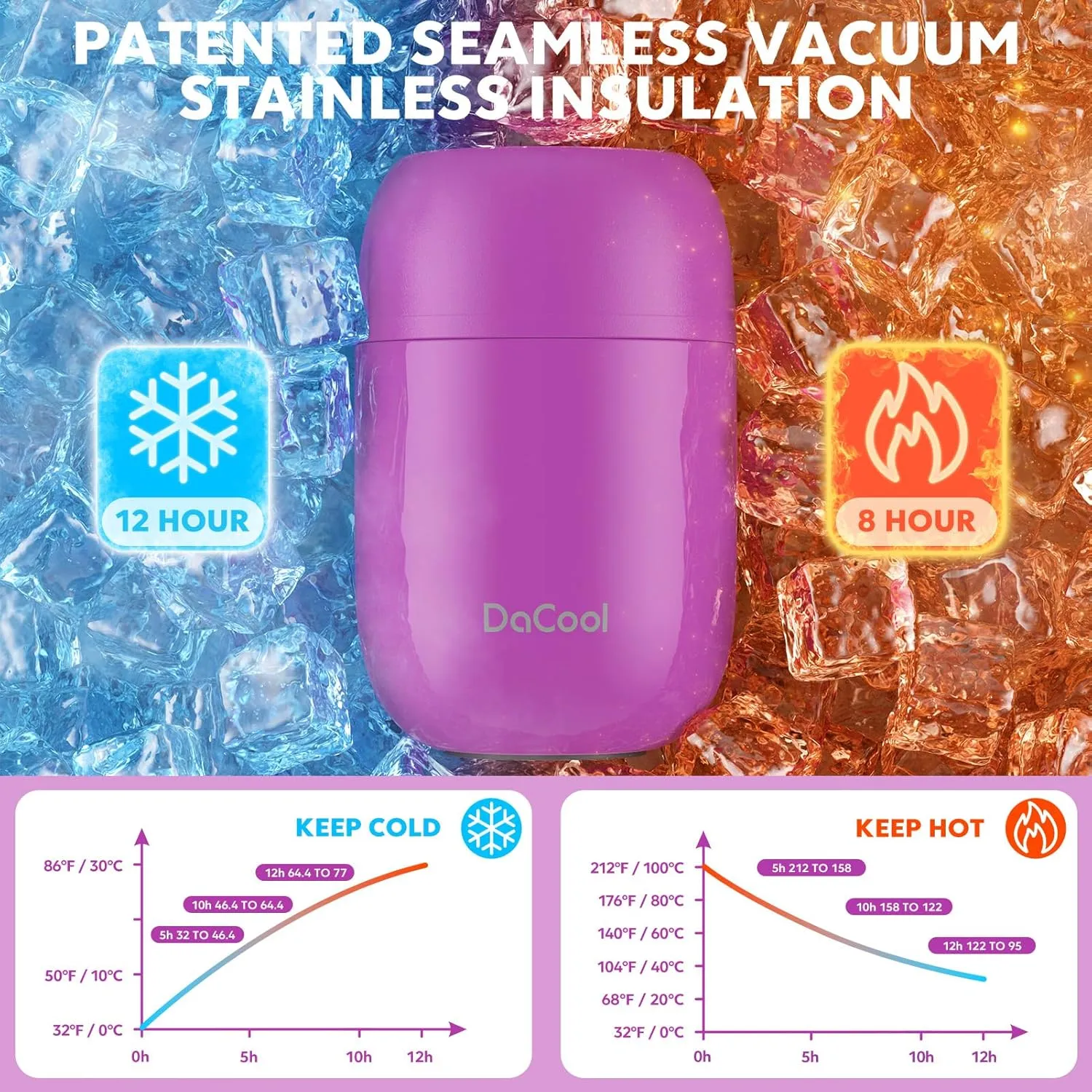 DaCool Insulated Food Jar Food Thermo Insulated Lunch Container 16 oz Vacuum Stainless Steel Kids Thermo for Hot Cold Food for Kids Adult with Spoon Leak Proof for School Office Travel, Purple