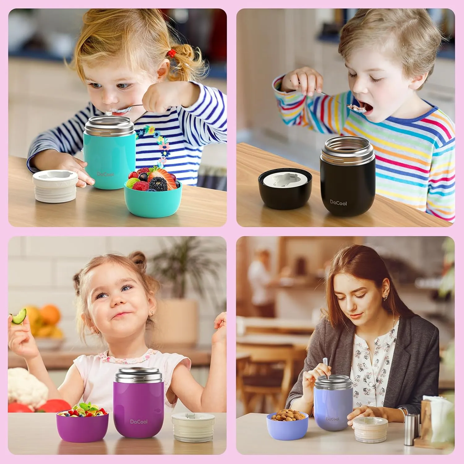 DaCool Insulated Food Jar Food Thermo Insulated Lunch Container 16 oz Vacuum Stainless Steel Kids Thermo for Hot Cold Food for Kids Adult with Spoon Leak Proof for School Office Travel, Purple