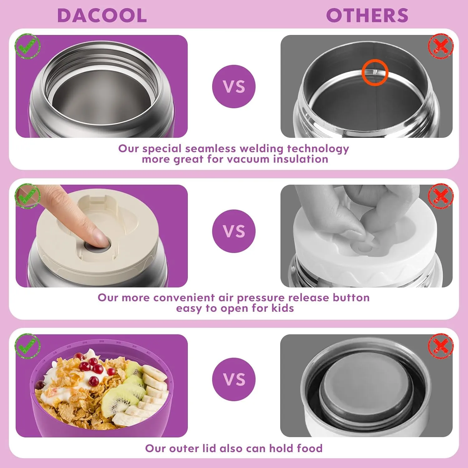 DaCool Insulated Food Jar Food Thermo Insulated Lunch Container 16 oz Vacuum Stainless Steel Kids Thermo for Hot Cold Food for Kids Adult with Spoon Leak Proof for School Office Travel, Purple