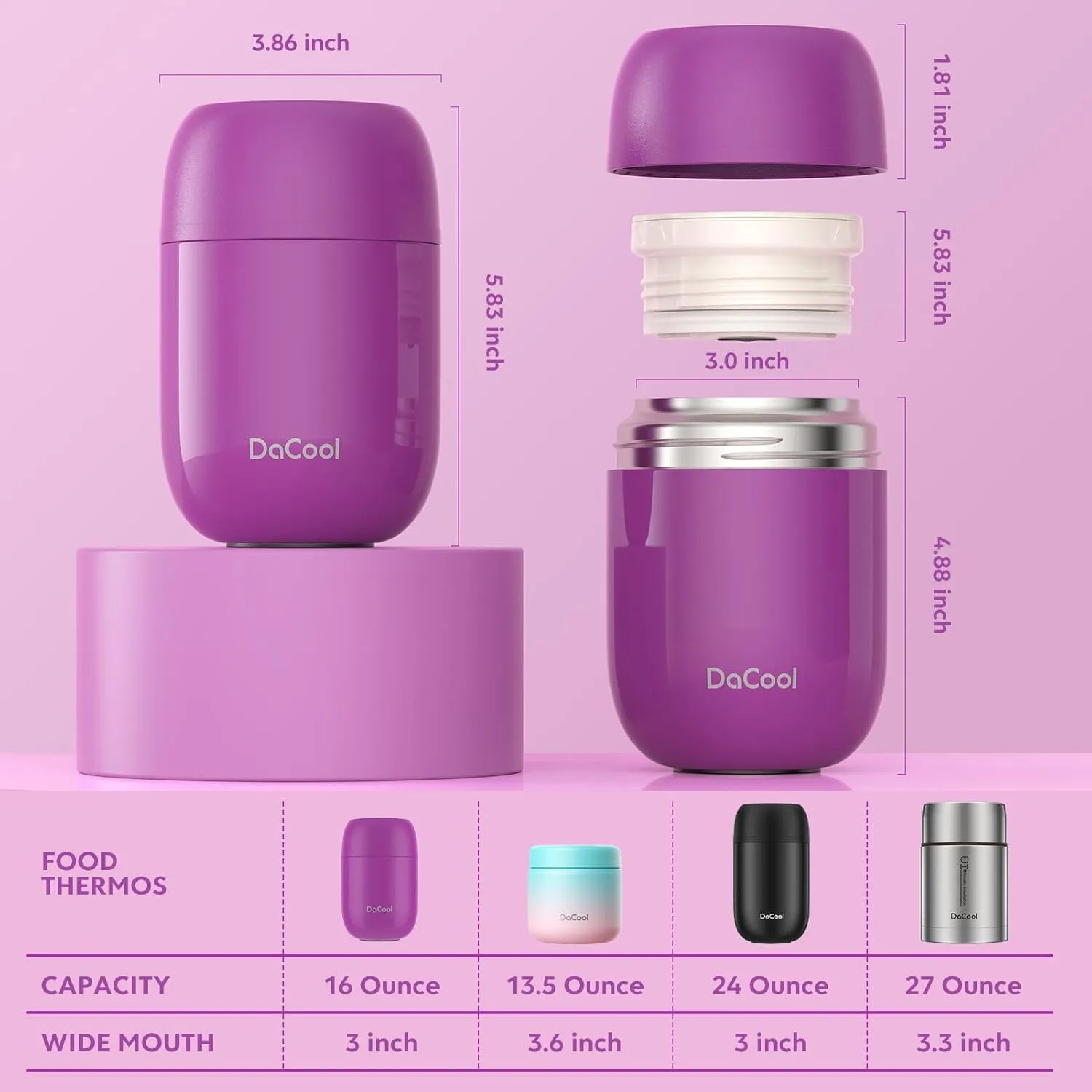 DaCool Insulated Food Jar Food Thermo Insulated Lunch Container 16 oz Vacuum Stainless Steel Kids Thermo for Hot Cold Food for Kids Adult with Spoon Leak Proof for School Office Travel, Purple