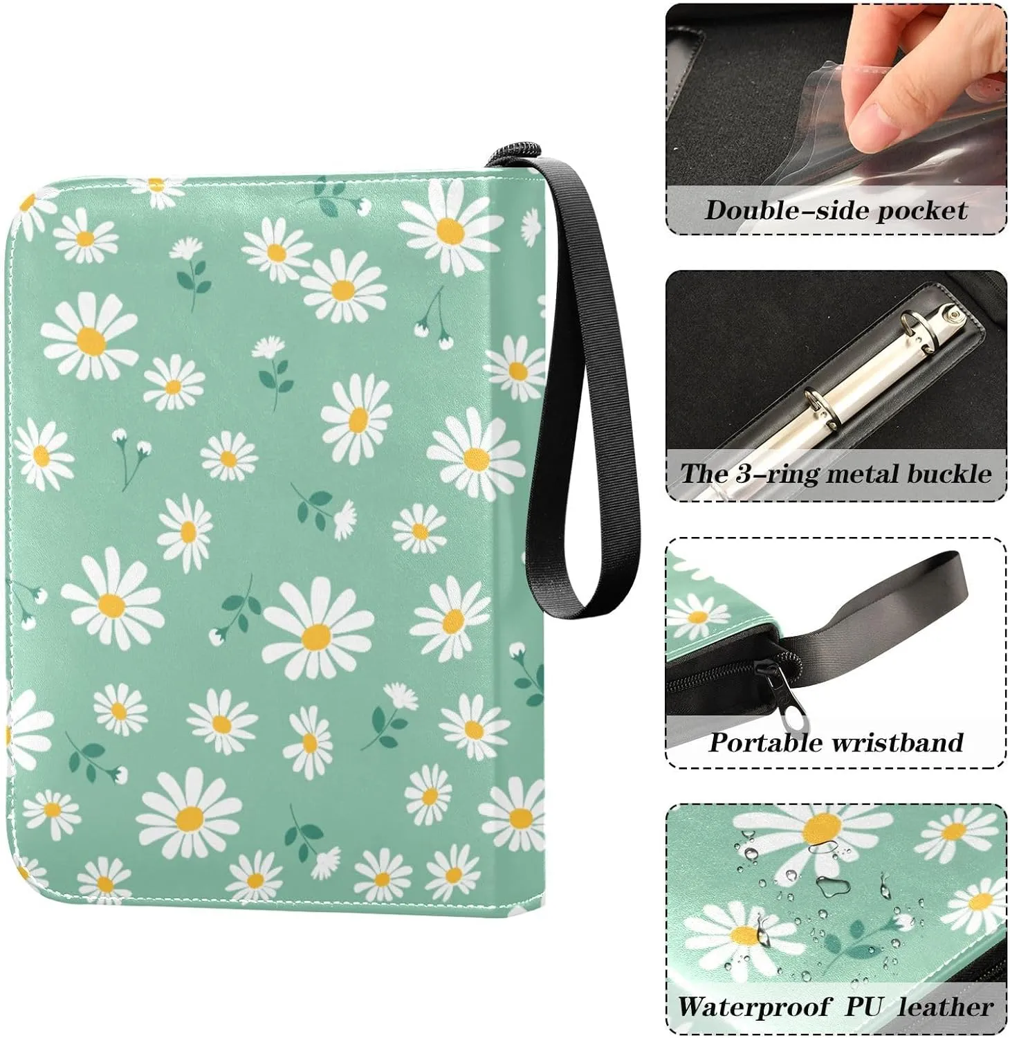 Daisy Flower Green Card Binder 4 Pocket Zipper PU Trading Card Album Fits 400 Game Cards 50 Removable Sleeves Card Folder Collection for Baseball MTG TCG Sports Cards