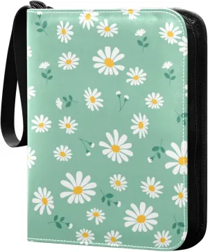 Daisy Flower Green Card Binder 4 Pocket Zipper PU Trading Card Album Fits 400 Game Cards 50 Removable Sleeves Card Folder Collection for Baseball MTG TCG Sports Cards
