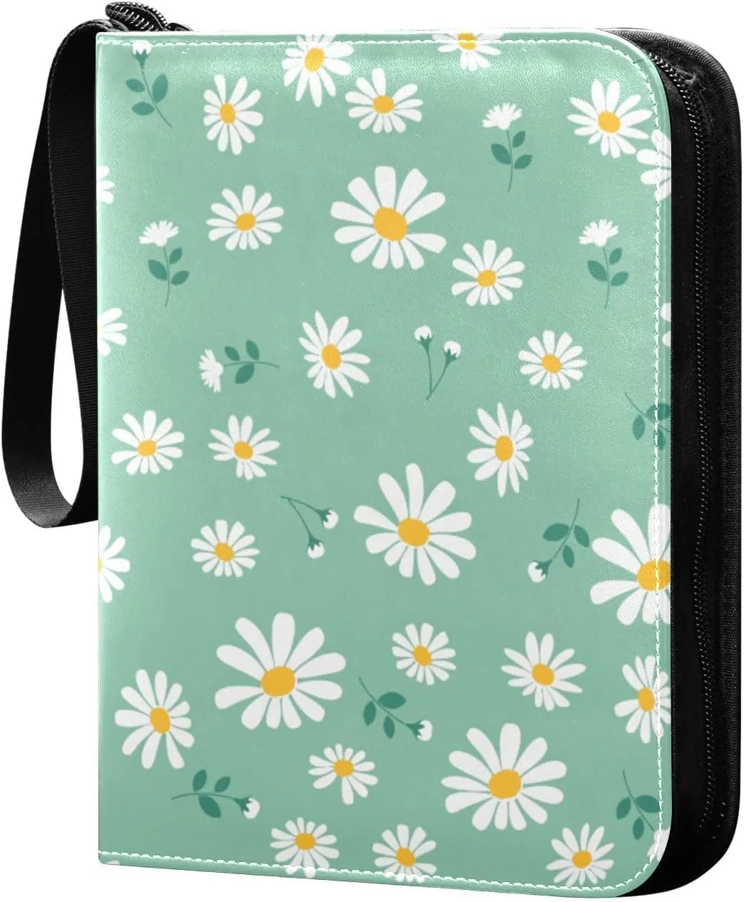 Daisy Flower Green Card Binder 4 Pocket Zipper PU Trading Card Album Fits 400 Game Cards 50 Removable Sleeves Card Folder Collection for Baseball MTG TCG Sports Cards