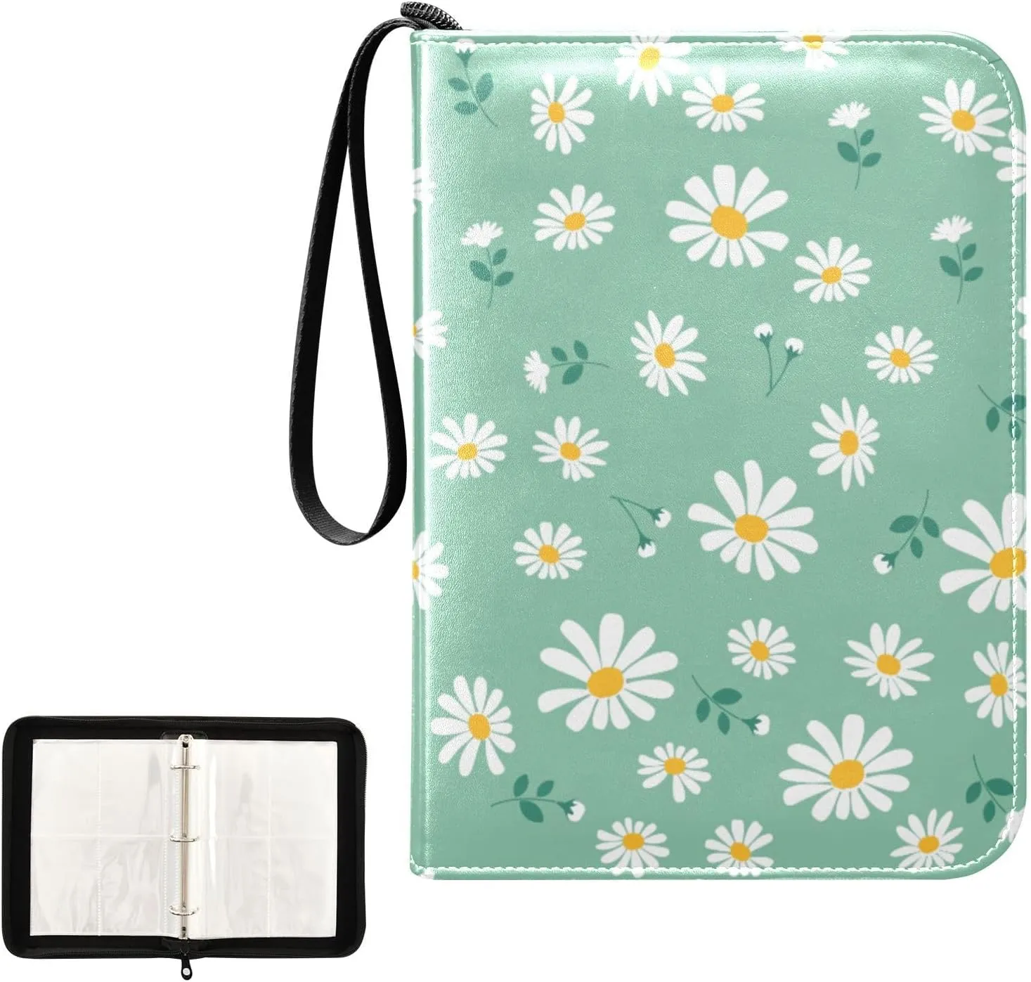 Daisy Flower Green Card Binder 4 Pocket Zipper PU Trading Card Album Fits 400 Game Cards 50 Removable Sleeves Card Folder Collection for Baseball MTG TCG Sports Cards