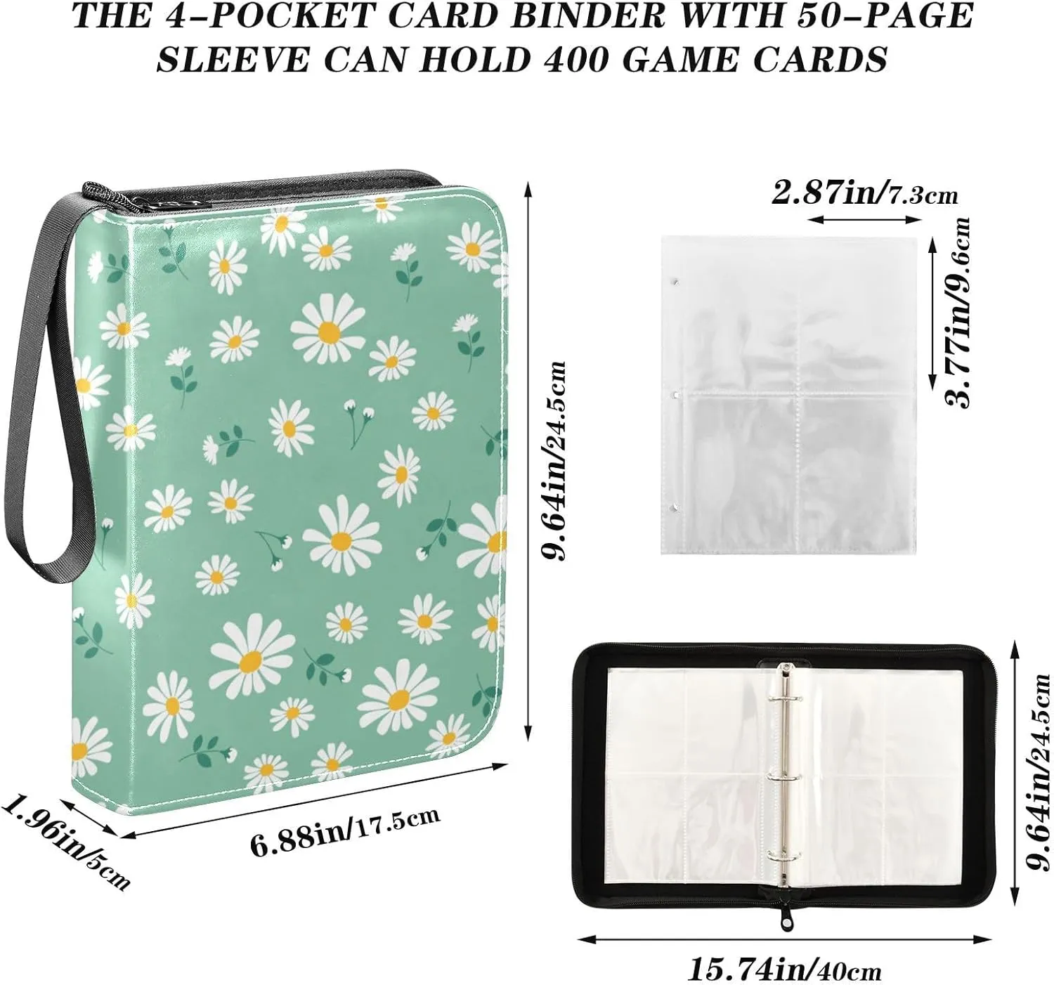 Daisy Flower Green Card Binder 4 Pocket Zipper PU Trading Card Album Fits 400 Game Cards 50 Removable Sleeves Card Folder Collection for Baseball MTG TCG Sports Cards