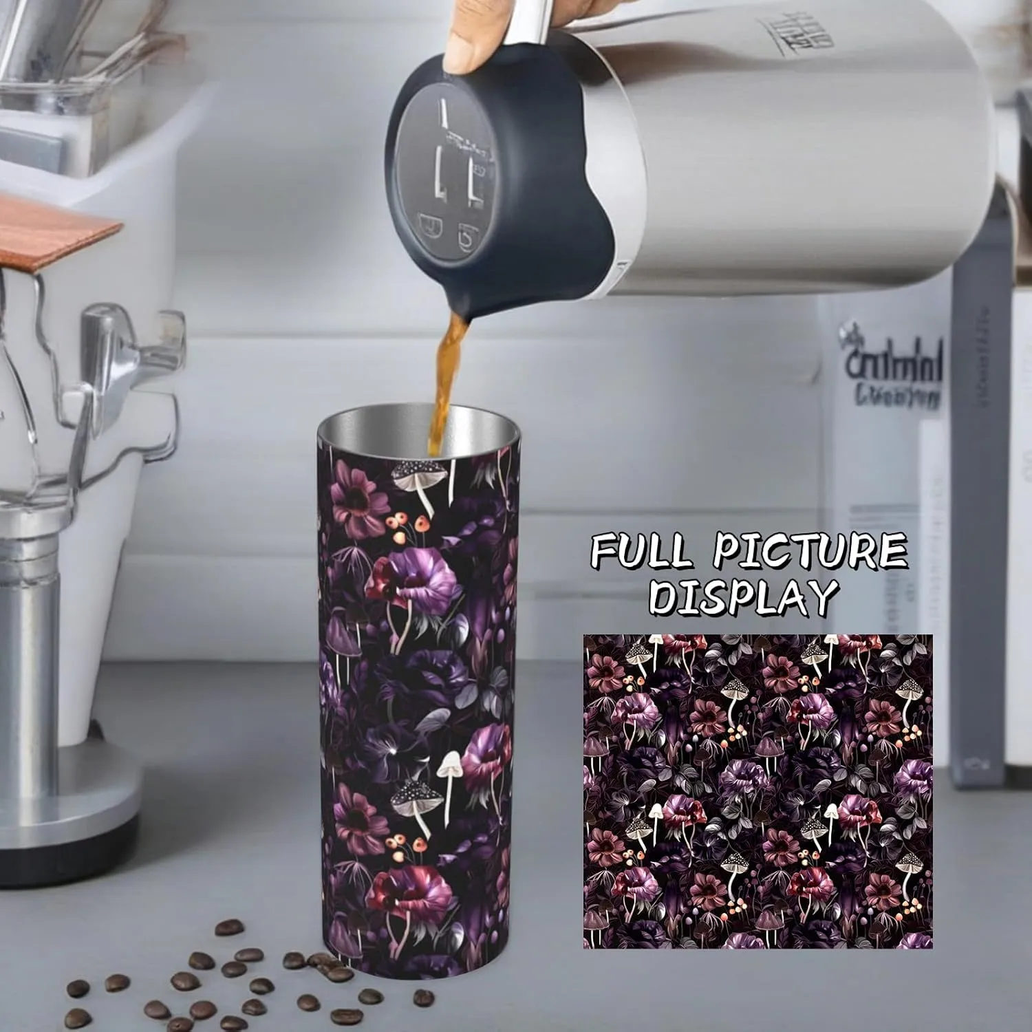 Dark Floral and Mushroom Stainless Steel Insulated Tumbler with Lid - 20oz Gothic Travel Mug, Reusable Metal Straw & Brush, Double-Wall Vacuum Bottle Cup for Hot and Cold Drinks Gifts