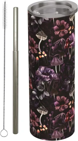 Dark Floral and Mushroom Stainless Steel Insulated Tumbler with Lid - 20oz Gothic Travel Mug, Reusable Metal Straw & Brush, Double-Wall Vacuum Bottle Cup for Hot and Cold Drinks Gifts