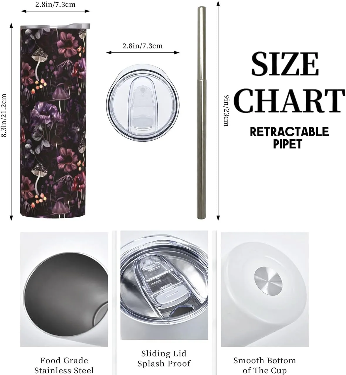 Dark Floral and Mushroom Stainless Steel Insulated Tumbler with Lid - 20oz Gothic Travel Mug, Reusable Metal Straw & Brush, Double-Wall Vacuum Bottle Cup for Hot and Cold Drinks Gifts