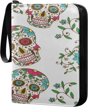 Day Of The Dead Colorful Skull Card Binder for Trading Cards, 4 Pocket with 50 Sleeves up to 400 Cards, Double Sided Pockets Card Holder Carry Case for Baseball Card, Football Card, Gaming Cards