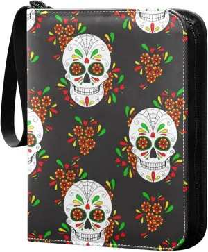 Day Of The Dead Colorful Skull Card Binder for Trading Cards, 4 Pocket with 50 Sleeves up to 400 Cards, Double Sided Pockets Card Holder Carry Case for Baseball Card, Football Card, Gaming Cards