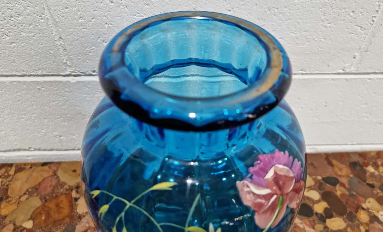 Decorative Victorian Enameled Hand Painted Blue Glass Vase "Bird and Flower Scene"