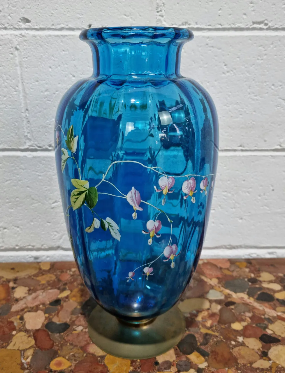 Decorative Victorian Enameled Hand Painted Blue Glass Vase "Bird and Flower Scene"