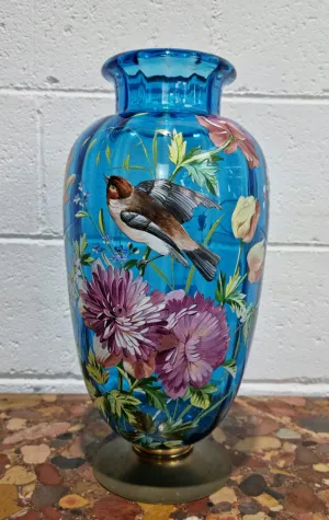 Decorative Victorian Enameled Hand Painted Blue Glass Vase "Bird and Flower Scene"