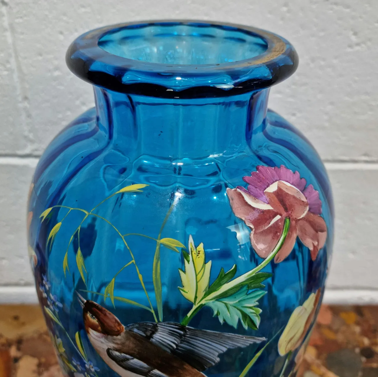 Decorative Victorian Enameled Hand Painted Blue Glass Vase "Bird and Flower Scene"