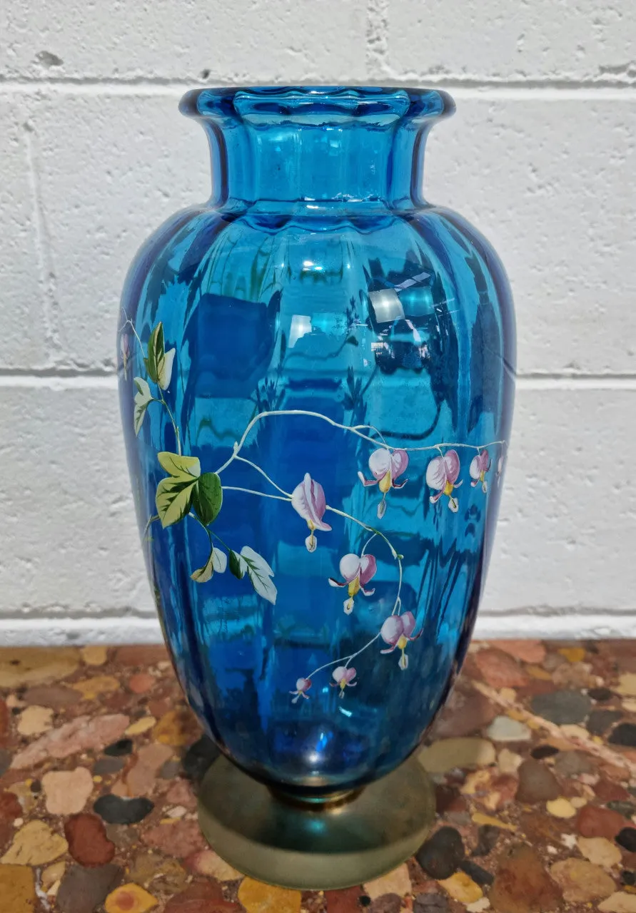 Decorative Victorian Enameled Hand Painted Blue Glass Vase "Bird and Flower Scene"