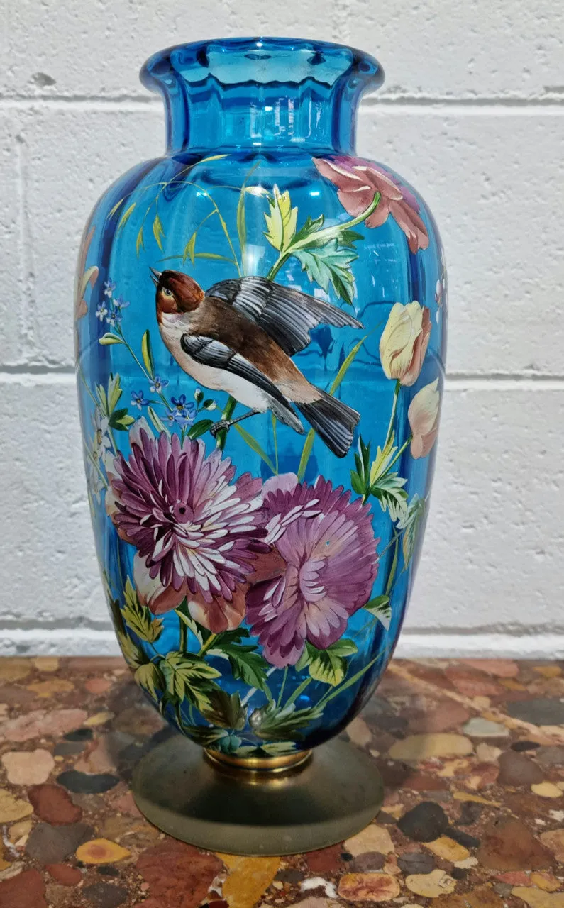 Decorative Victorian Enameled Hand Painted Blue Glass Vase "Bird and Flower Scene"