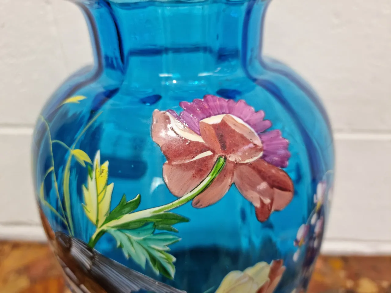 Decorative Victorian Enameled Hand Painted Blue Glass Vase "Bird and Flower Scene"