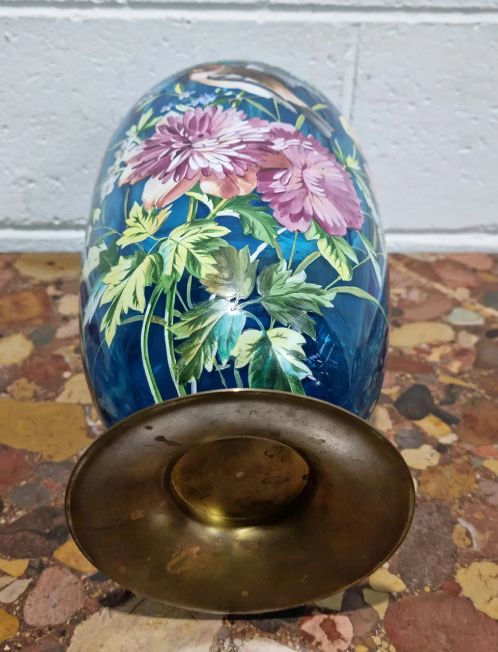 Decorative Victorian Enameled Hand Painted Blue Glass Vase "Bird and Flower Scene"