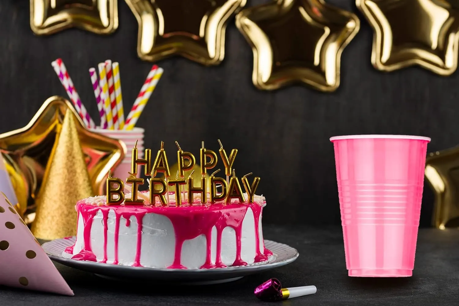 DecorRack 80 Count Pink Party Cups, 16 oz BPA Free Plastic, Perfect for Birthday, Picnic, Indoor & Outdoor Events, Stackable, Reusable & Disposable Round Beverage Drinking Cups (80 Pack)