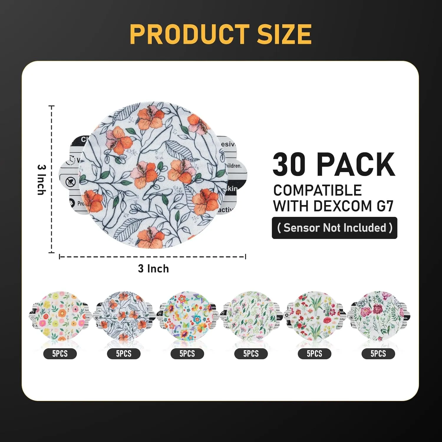 Dexcom G7 Adhesive Patches 30PCS, Waterproof &Breathable Over Patches, Flower Stelo Overpatch Sensor Covers, Medical Adhesive,10  Days Long Stay, Sensor is NOT Included (Regular Flower)