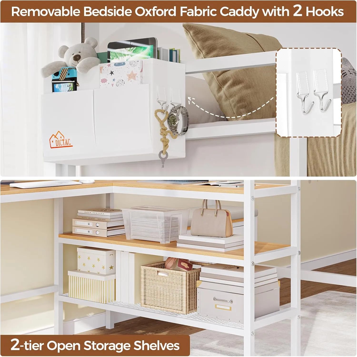 DICTAC Twin Loft Bed with L-Shaped Desk and Charging Station Twin Size Metal Bed Frame with LED Lights,Storage Shelves and Coat Rack with 2 Storage Drawers,Top Bunk with Safety Guard & Stair, White