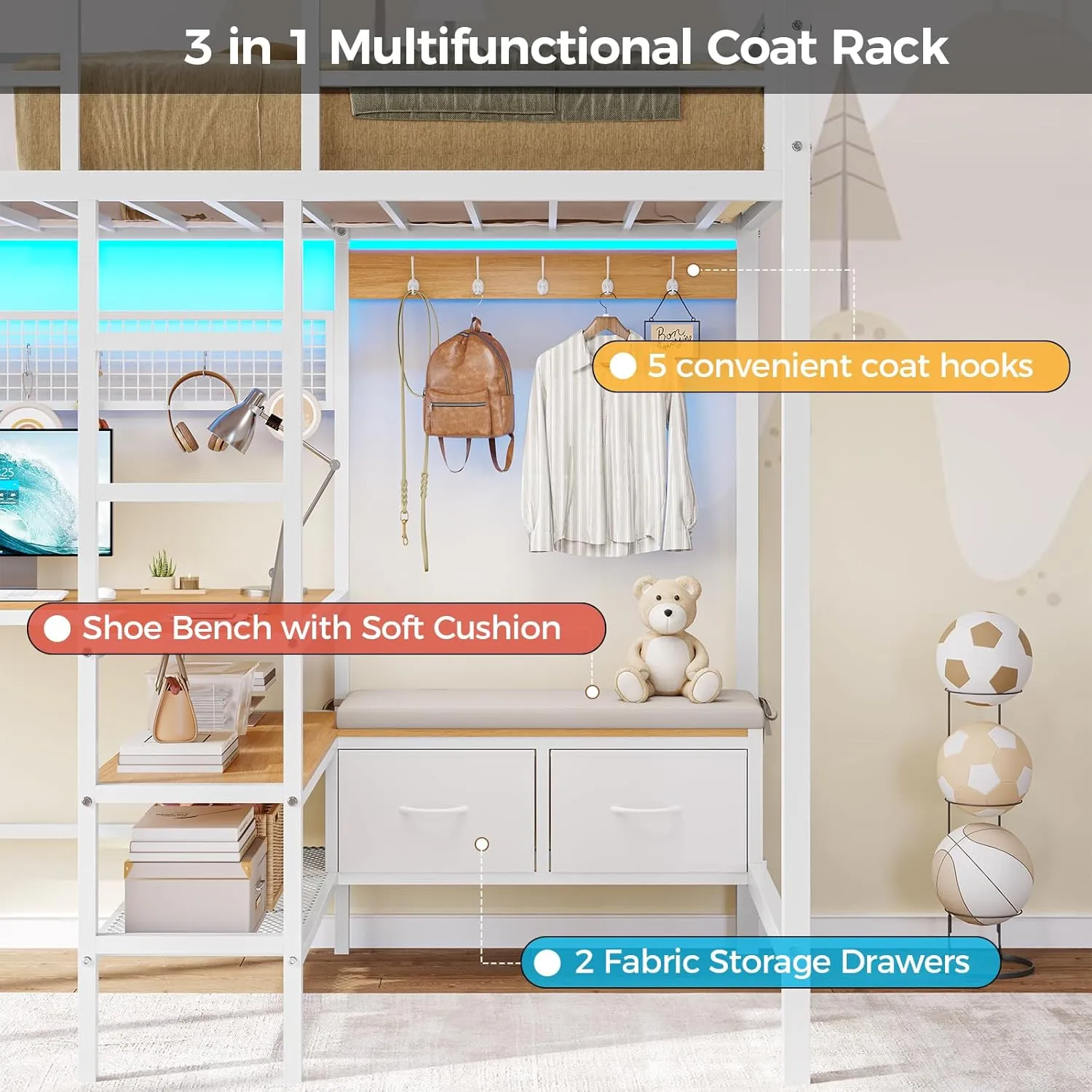 DICTAC Twin Loft Bed with L-Shaped Desk and Charging Station Twin Size Metal Bed Frame with LED Lights,Storage Shelves and Coat Rack with 2 Storage Drawers,Top Bunk with Safety Guard & Stair, White