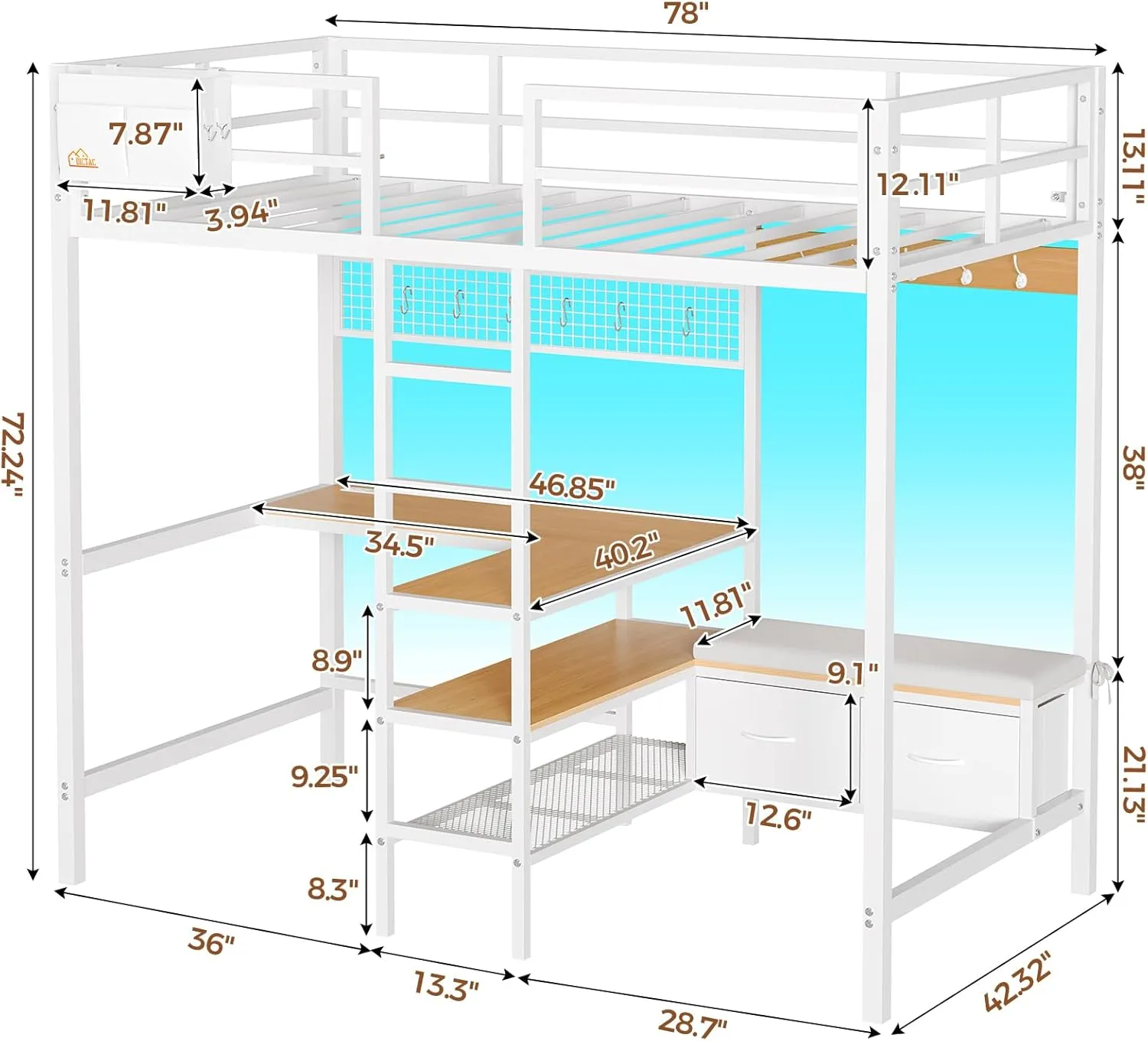 DICTAC Twin Loft Bed with L-Shaped Desk and Charging Station Twin Size Metal Bed Frame with LED Lights,Storage Shelves and Coat Rack with 2 Storage Drawers,Top Bunk with Safety Guard & Stair, White