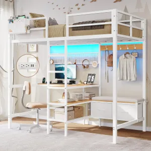 DICTAC Twin Loft Bed with L-Shaped Desk and Charging Station Twin Size Metal Bed Frame with LED Lights,Storage Shelves and Coat Rack with 2 Storage Drawers,Top Bunk with Safety Guard & Stair, White