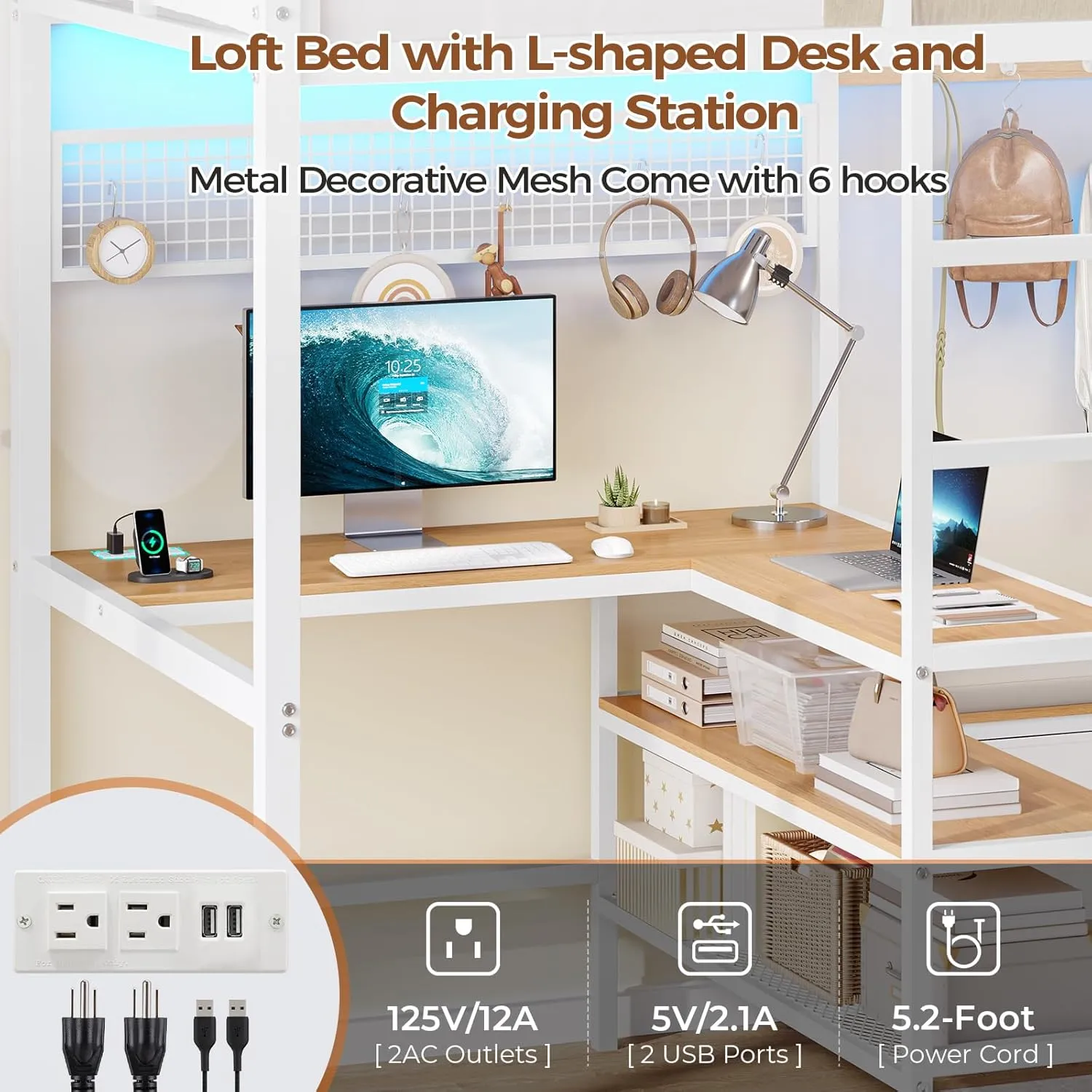 DICTAC Twin Loft Bed with L-Shaped Desk and Charging Station Twin Size Metal Bed Frame with LED Lights,Storage Shelves and Coat Rack with 2 Storage Drawers,Top Bunk with Safety Guard & Stair, White
