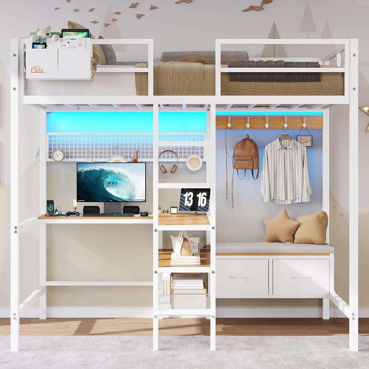 DICTAC Twin Loft Bed with L-Shaped Desk and Charging Station Twin Size Metal Bed Frame with LED Lights,Storage Shelves and Coat Rack with 2 Storage Drawers,Top Bunk with Safety Guard & Stair, White