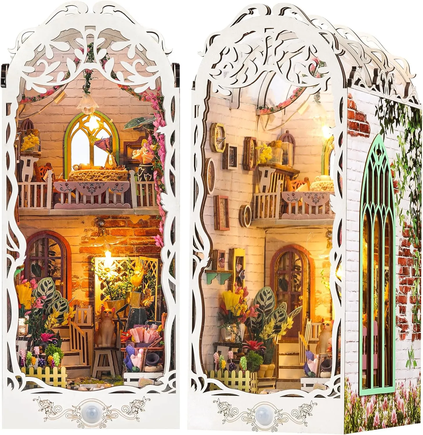 DIY Book Nook Kit - Bookend Diorama with LED - 3D Wooden Puzzle DIY Miniature House Kits - Bookshelf Insert Decor - Booknook Dollhouse Crafts Hobbies Gifts for Adults (Flower House)
