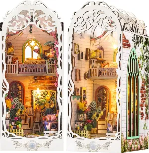 DIY Book Nook Kit - Bookend Diorama with LED - 3D Wooden Puzzle DIY Miniature House Kits - Bookshelf Insert Decor - Booknook Dollhouse Crafts Hobbies Gifts for Adults (Flower House)