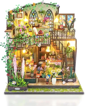 DIY Miniature House Kit with Tools & LED (Flower House), Wooden Dollhouse Building Kits for Adults & Teens, Craft Hobby Kit Desktop & Bookshelf Scene Decor, Couple Gifts for Him & Her