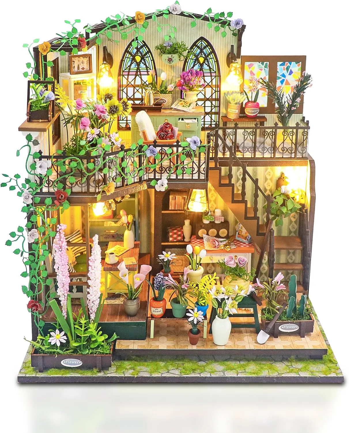 DIY Miniature House Kit with Tools & LED (Flower House), Wooden Dollhouse Building Kits for Adults & Teens, Craft Hobby Kit Desktop & Bookshelf Scene Decor, Couple Gifts for Him & Her