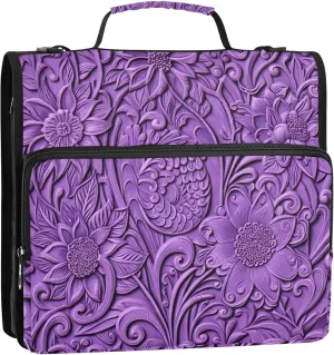 Document Zip up Binder Organizer 3 Ring Binders 1.5 Inch D Ring Purple Floral Blooming Flowers Portfolio Hold 500 Sheets Holder School Binders Bag with Shoulder Strap