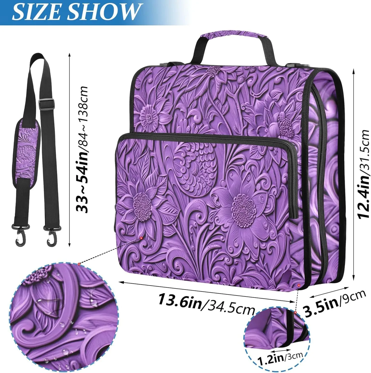 Document Zip up Binder Organizer 3 Ring Binders 1.5 Inch D Ring Purple Floral Blooming Flowers Portfolio Hold 500 Sheets Holder School Binders Bag with Shoulder Strap