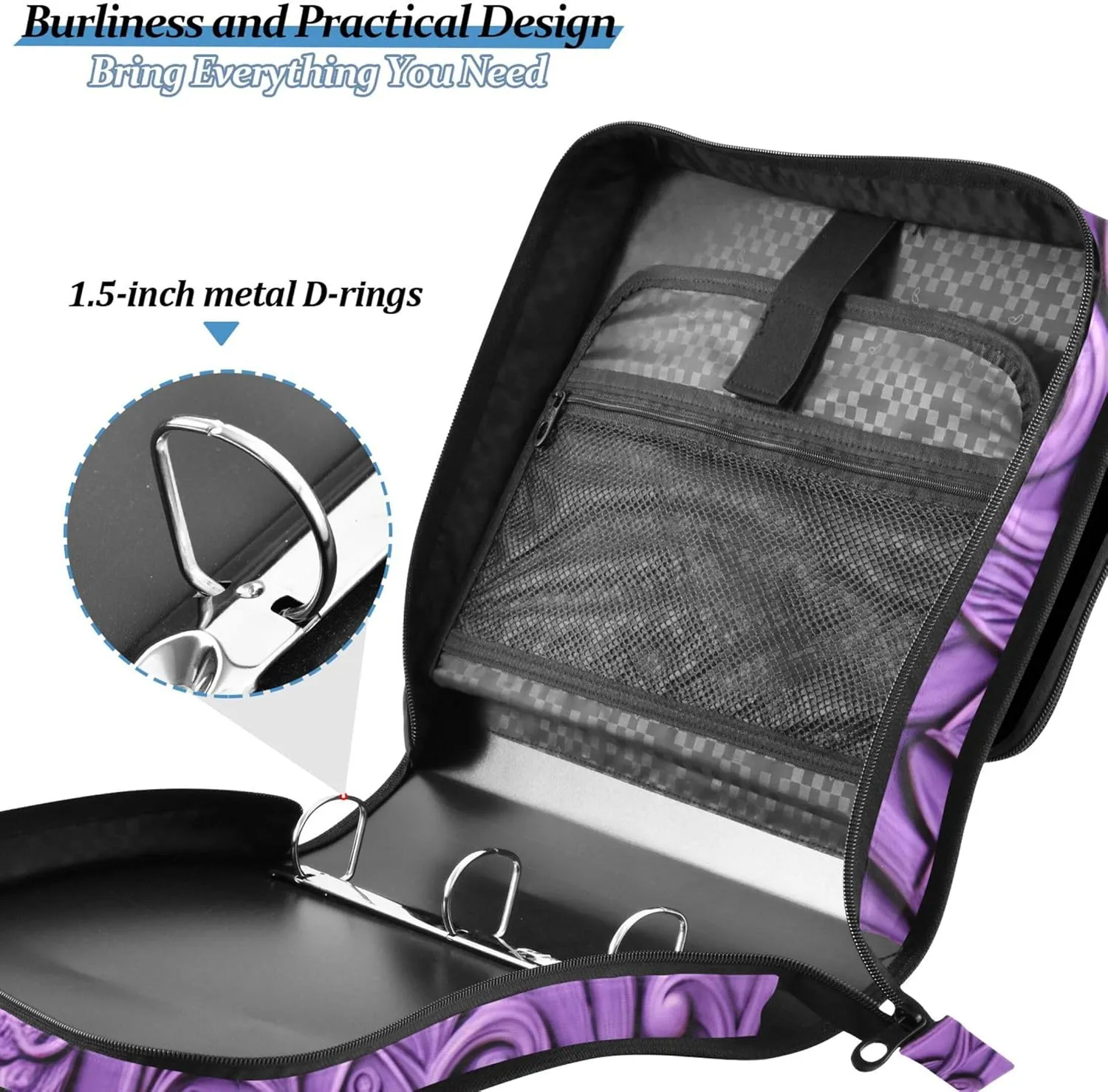 Document Zip up Binder Organizer 3 Ring Binders 1.5 Inch D Ring Purple Floral Blooming Flowers Portfolio Hold 500 Sheets Holder School Binders Bag with Shoulder Strap