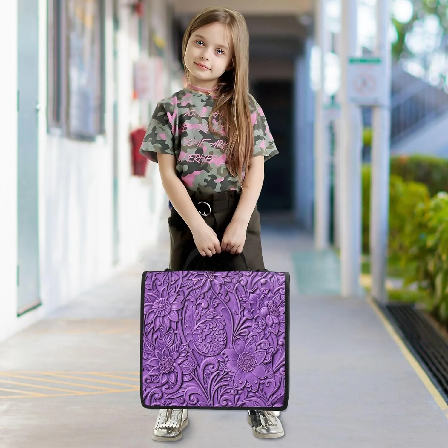 Document Zip up Binder Organizer 3 Ring Binders 1.5 Inch D Ring Purple Floral Blooming Flowers Portfolio Hold 500 Sheets Holder School Binders Bag with Shoulder Strap